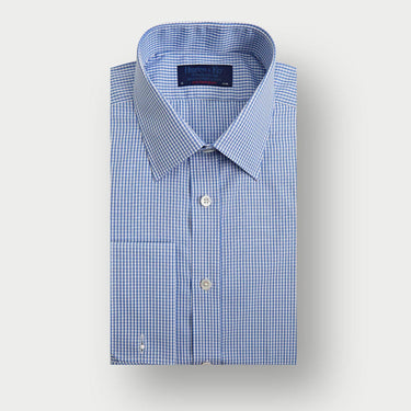 Contemporary Fit Light Blue Gingham Check Cotton Shirt with Classic Collar & Double Cuff