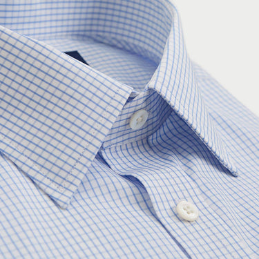 Contemporary Fit Light Blue Grid Check Cotton Shirt with Classic Collar & Two Button Cuff