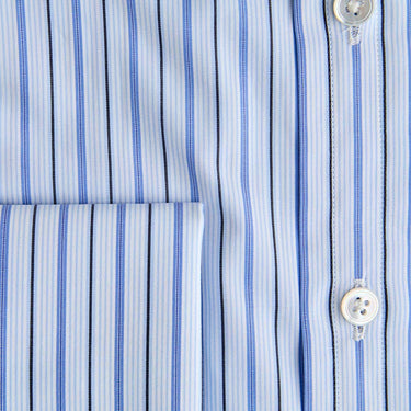 Contemporary Fit Light Blue & Navy Multi Stripe Cotton Shirt with Classic Collar & Double Cuff