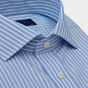 Contemporary Fit Light Blue & White Stripe Cotton Shirt with Cut - Away Collar & Two Button Cuff