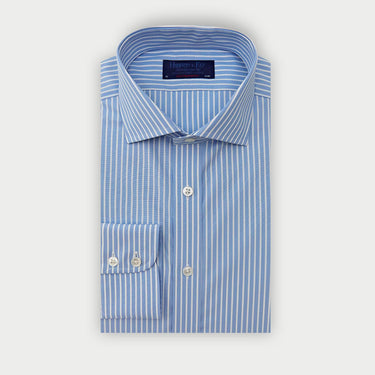 Contemporary Fit Light Blue & White Stripe Cotton Shirt with Cut - Away Collar & Two Button Cuff