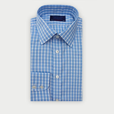 Contemporary Fit Light Blue & White Wide Check Cotton Shirt with Classic Collar & Two Button Cuff