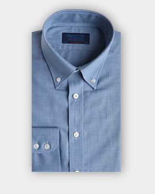 Contemporary Fit Mid Blue Small Herringbone Brushed Cotton Shirt with Button Down Collar & Two Button Cuff