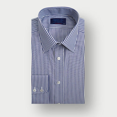 Contemporary Fit Navy Bengal Stripe Cotton Shirt with Classic Collar & Two Button Cuff