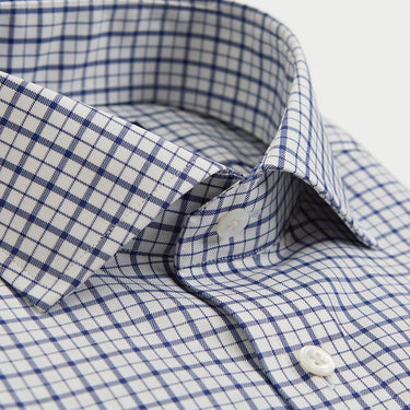 Contemporary Fit Navy Double Check Cotton Twill Shirt with Cut - Away Collar & Two Button Cuff