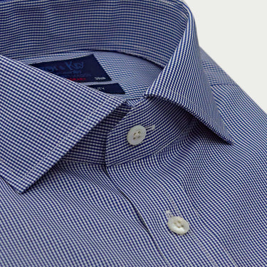 Contemporary Fit Navy Fine Check Sea Island Quality Cotton Shirt with Cut - Away Collar & Two Button Cuff