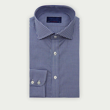 Contemporary Fit Navy Gingham Check Oxford Cotton Shirt with Cut - Away Collar & Two Button Cuff