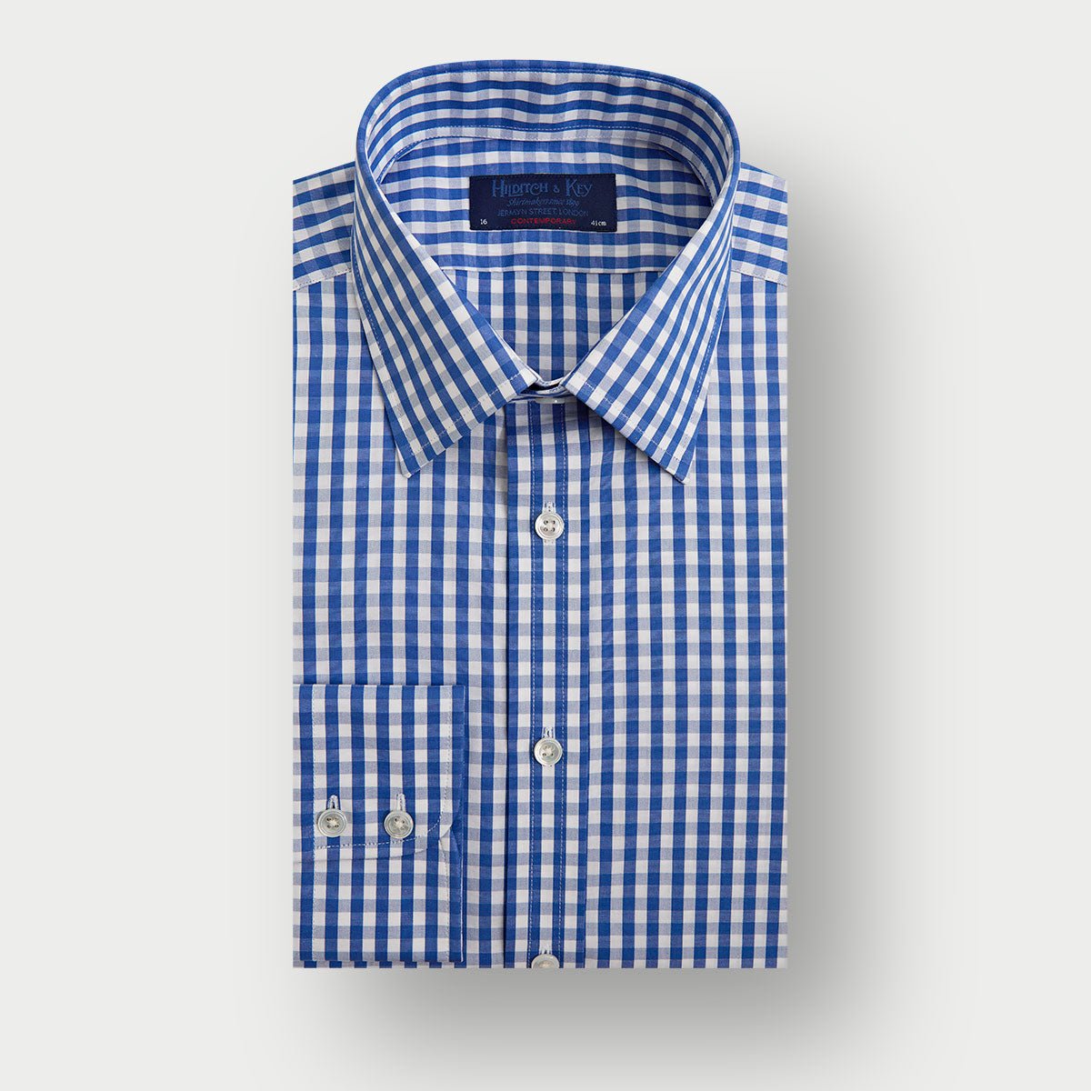 Contemporary Fit Navy Wide Gingham Check Cotton Shirt with Classic Collar & Two Button Cuff