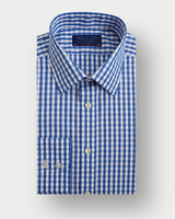 Contemporary Fit Navy Wide Gingham Check Cotton Shirt with Classic Collar & Two Button Cuff