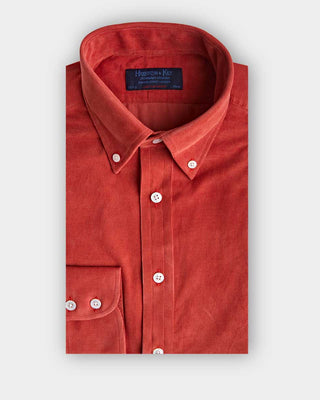 Contemporary Fit Orange Fine Corduroy Shirt with Button Down Collar & Two Button Cuff