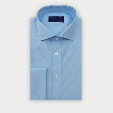 Contemporary Fit Plain Blue Cotton Poplin Shirt with Cut - Away Collar & Double Cuff