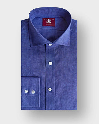Contemporary Fit Plain Mid Blue Linen Shirt with Cut - Away Collar & Two Button Cuff