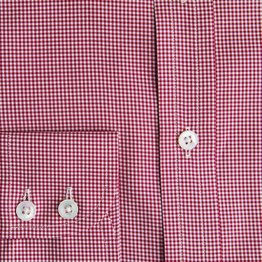 Contemporary Fit Red Micro Check Cotton Shirt with Cut - away Collar & Two Button Cuff