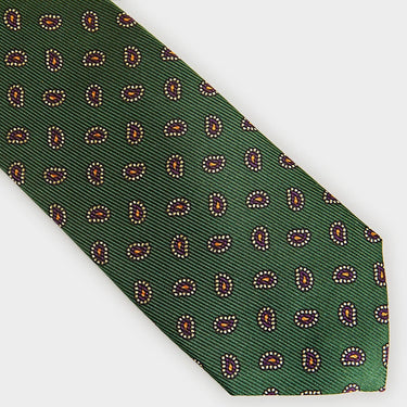 Green Small Paisley Motif Printed Silk Tie