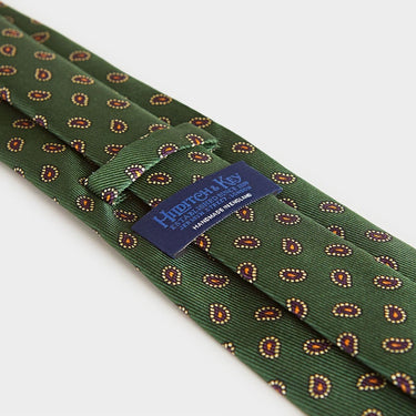 Green Small Paisley Motif Printed Silk Tie