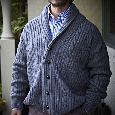 Grey Cable Knit Shawl Collar Cashmere Cardigan
