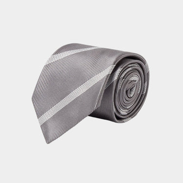 Grey Woven Silk Tie With Wide White Stripe