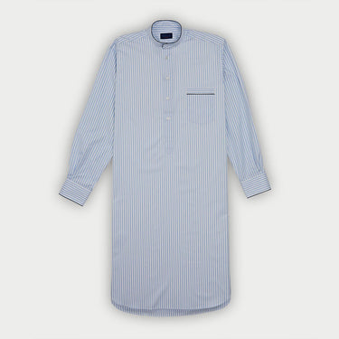 Light Blue Wide Stripe Cotton Nightshirt with Navy Piping