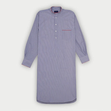 Navy Bengal Stripe Cotton Nightshirt with Red Piping