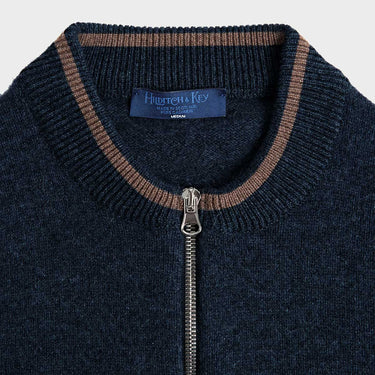 Navy Cashmere Baseball Cardigan with Brown Trim