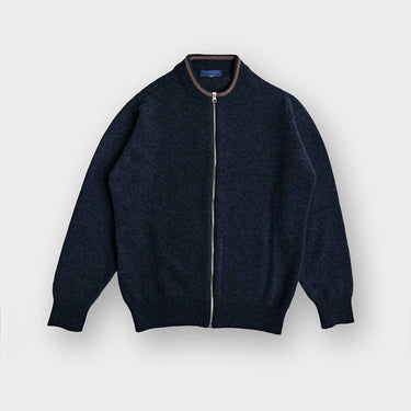 Navy Cashmere Baseball Cardigan with Brown Trim