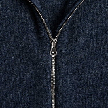 Navy Cashmere Baseball Cardigan with Brown Trim