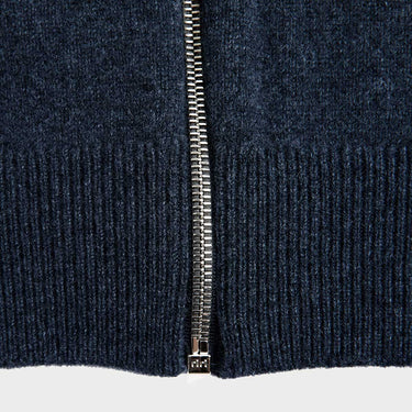 Navy Cashmere Baseball Cardigan with Brown Trim