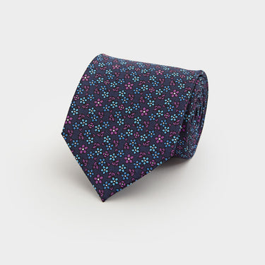 Navy, Purple & Blue Floral Printed Silk Tie