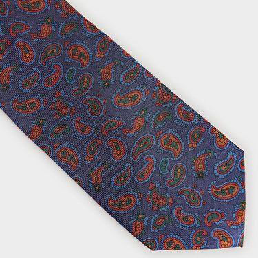 Navy & Red Small Paisley Motif Printed Silk Tie