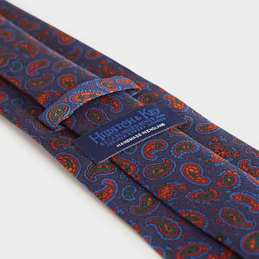 Navy & Red Small Paisley Motif Printed Silk Tie