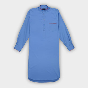 Plain Mid Blue Cotton Nightshirt with Red Piping