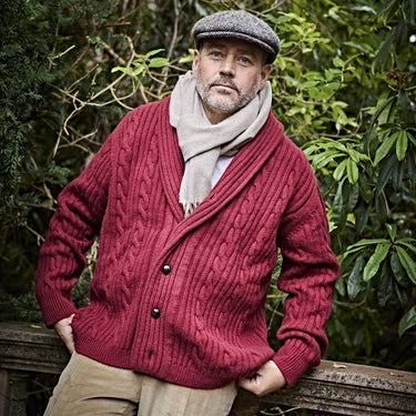 Russet Red Cable Knit Shawl Collar Cashmere Cardigan