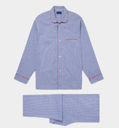 Blue Gingham Check Cotton Pyjamas With Red Piping