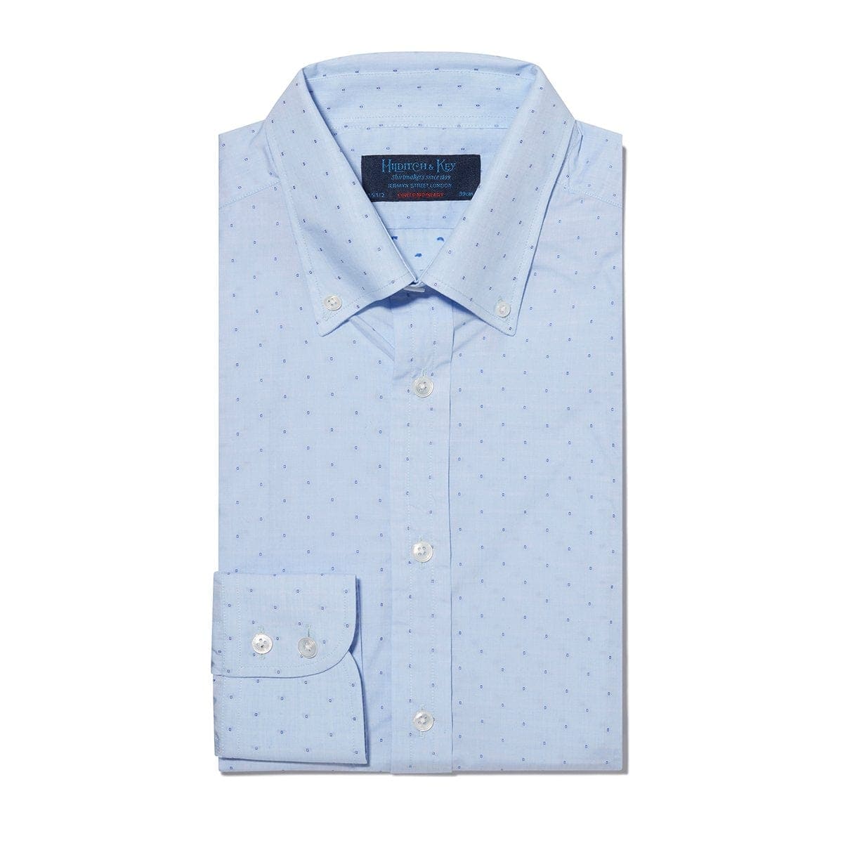 Contemporary Fit, Button Down Collar, 2 Button Cuff Shirt In Light Blue With Small Navy Cubes