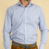 Contemporary Fit, Cut-away Collar, 2 Button Cuff Shirt in a Blue & White Medium Bengal Poplin Cotton
