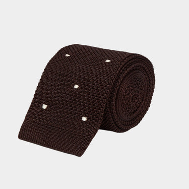Dark Brown Knitted Silk Tie with White Spots