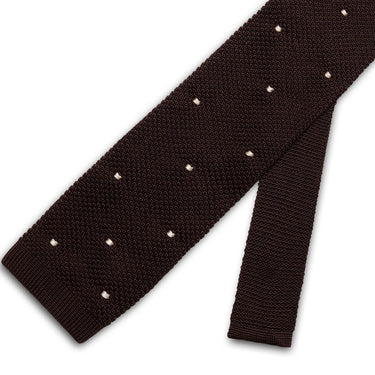 Dark Brown Knitted Silk Tie with White Spots
