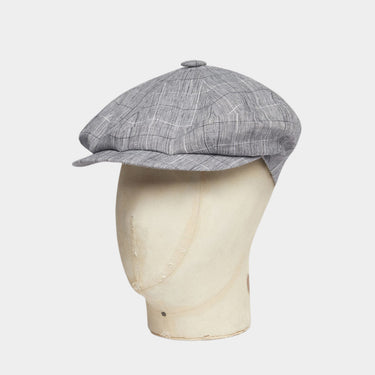 Grey With Black & White Overcheck Linen Gatsby Cap