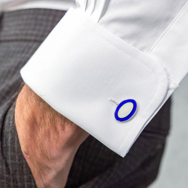 Longmire Sterling Silver Cufflink Double Oval In Blue & White Enamel