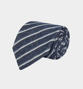 Navy Woven Cotton & Silk Tie with Blue & White Stripes