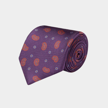 Orange Paisley Bean & Blue & Orange Flowers Printed Silk Tie