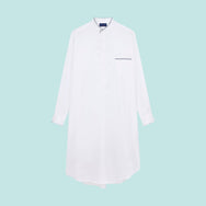 White Herringbone Cotton Nightshirt With Navy Piping