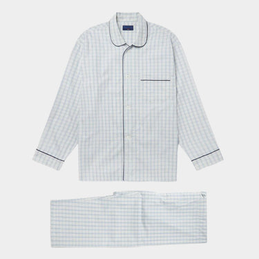 White With Blue Check Poplin Cotton Pyjamas With Navy Piping